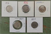 5 BUFFALO NICKELS 1936X2 & 1937X3