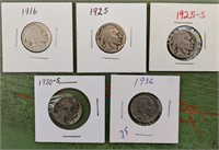 5 BUFFALO NICKELS 1916 25 25-S 30-S 36