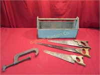 Vintage Carpenters Style Tool Box w/ Hand Saws