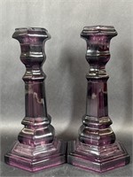 Set of Two Purple Glass Candle Holders