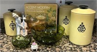 T - CANISTER SET, GLASS BOWLS & FIGURINES (K18)