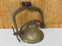 BRASS BELL, 14" DIA., WITH CAST IRON HOLDER