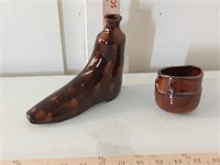 1800's Bennington pottery boot flask + cup?