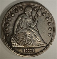1871 SEATED DOLLAR, XF+ cleaned