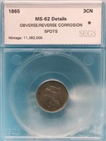 1865 MS-62 Three Cent Nickel SEGS Graded
