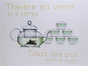 Renaud-Bray Glass Teapot, Strainer, 6 Teacups