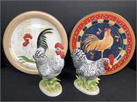 Two chicken figurines, tallest 7 inches left in