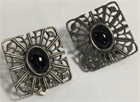 Pair Of Sterling Silver & Black Onyx Clip Earrings