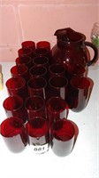 ruby red pitcher and 2 sizes of glasses