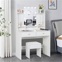 Vanity Table with Lighted Mirror  Drawers  White