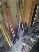 Group of hand tools. Shovels, scrapers, post hole