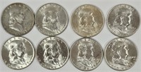 8 1953-D & 1954-D AU/BU Franklin Half Dollars