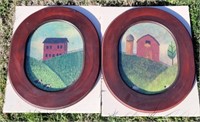 PAIR Primitive Folk Art Oval 19" frame Farm BArn