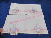 pair of old embroidered pillow slips (flower bskt)