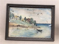 Painting on cloth of water boat and houses