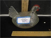 Clear indiana glass- Hen on nest w/ red comb