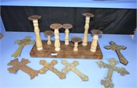 Six Metal Crosses, and Wooden Candle Holder