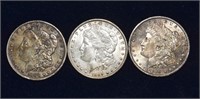 3 US Morgan silver dollar coins: 1888, 1889, 1890;