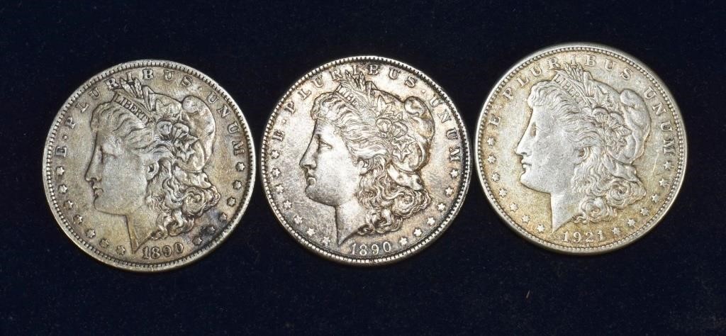3 US Morgan silver dollar coins: (2) 1890, 1921S;