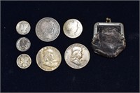US silver coins: 1899 Barber half dollar, 2 Frankl