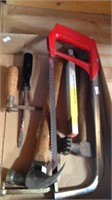 Tray of hacksaw, hammer, coping saw, ruler