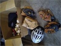 bike helmet, baseball gloves