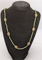Long Cloisonne & Jadeite Bead Necklace With Pearl
