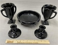 Black Glass Bowl; Candle Holders & Goblets