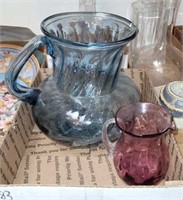 2PC LG BLUE GLASS PITCHER, SM PURPLE GLASS CREAMER