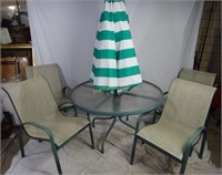 4 Patio Chairs & Glass Top Umbrella Table