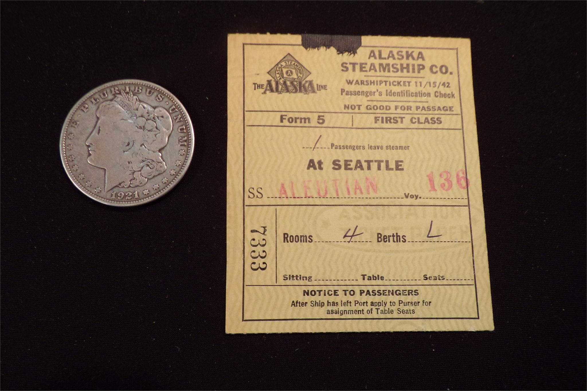 1942 Alaska Steamship Warship Ticket SS Aleutian