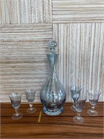 Pottery Barn Luster Blue Decanter and 5 Glasses