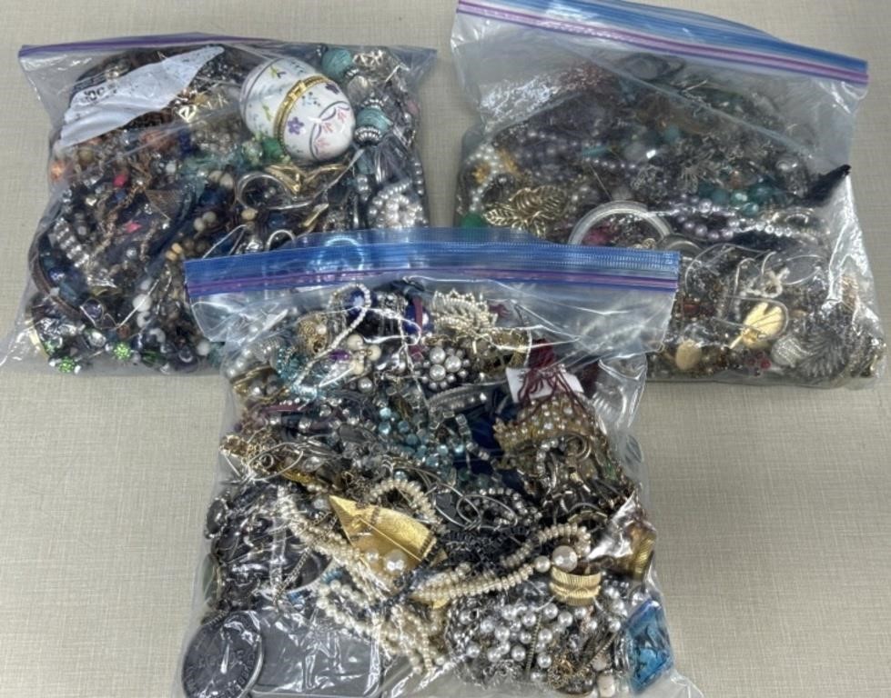 Assorted Jewelry/Parts in 3 Large Ziploc Bags