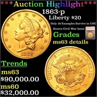 *Highlight* 1863-p Liberty $20 Graded ms63 details