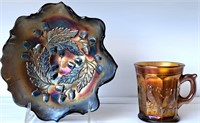 PRETTY CARNIVAL GLASS ACORN BOWL& BIRD COFFEE MUG