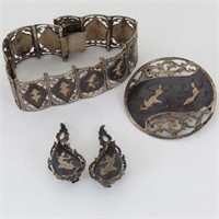 Sterling Silver Siam Bracelet, Clip-on Earrings &