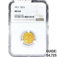 1911 $2.50 Gold Quarter Eagle NGC MS64