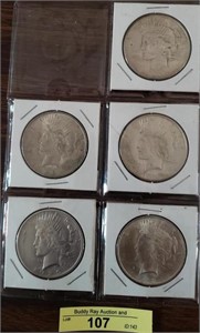 5 Peace Silver Dollars 1923,,25,26,22 & 25