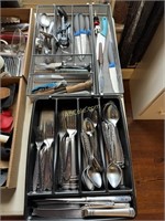 2 Silverware Trays Filled with Silverware, Wine