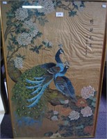 Framed and glazed painting of 2 peacocks on tree