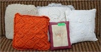 5 decorative pillows: crochet, quilted