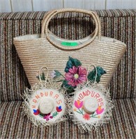 2 straw souvenir hats from Honduras, straw tote