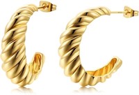 14K Gold Plated Croissant Earrings Twisted Round