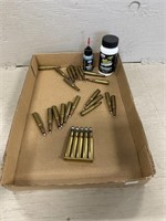 Tray Lot of Ammunition, Gun Oil, and Bore Solvent