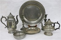 7 PCS. 19TH C. PEWTER, 16 1/2" CHARGER BY