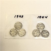 SILVER Mercury Dime LOT x 6 1943 & 1944