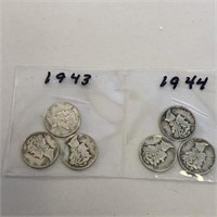 SILVER Mercury Dime LOT x 6 1943 & 1944