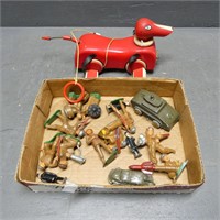 Early Pot Metal Military Soldiers & Dog Pull Toy