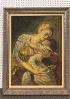 Oil On Board Of Mother And Child