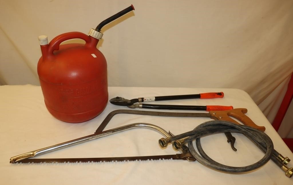 2.5 Gal Gas Can, 20" Bow Saw, Pruners, Hose Set…